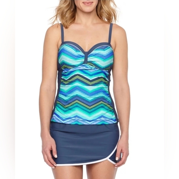 Free Country Teal Print padded Tankini Beachy Stylish Swimsuit Top Size M - Picture 1 of 10